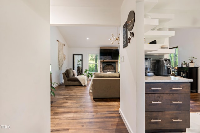 living room featuring lofted ceiling, a fireplace, and hardwood / wood-style floors