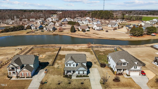 birds eye view of property with a water view and a residential view