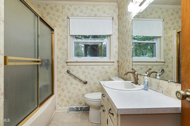 full bathroom featuring visible vents, wallpapered walls, toilet, vanity, and tile patterned floors