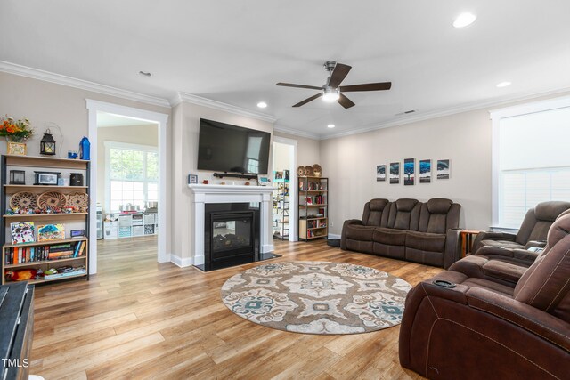 living room featuring ceiling fan, light wood-type flooring, and ornamental molding