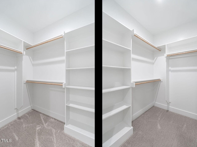 walk in closet with light colored carpet