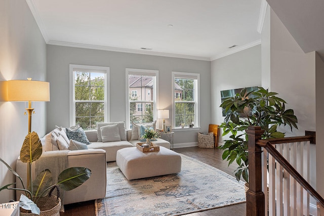 living room featuring ornamental molding and wood-type flooring