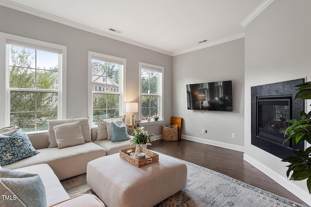 living room with wood-type flooring and crown molding