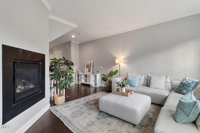 living room featuring hardwood / wood-style floors and crown molding