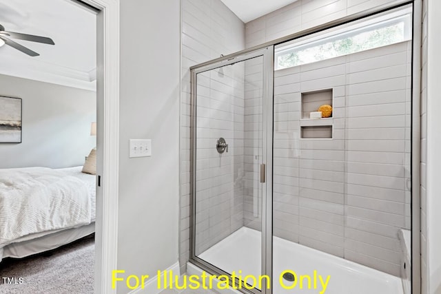 bathroom with an enclosed shower and ceiling fan