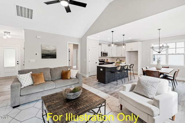 living room with high vaulted ceiling, ceiling fan with notable chandelier, and light hardwood / wood-style flooring