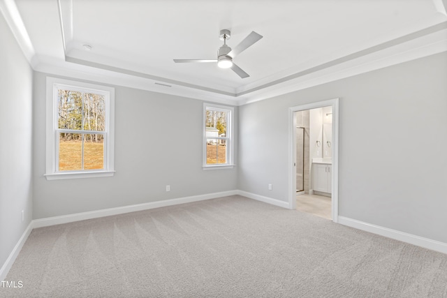 empty room with light colored carpet, ornamental molding, and a tray ceiling