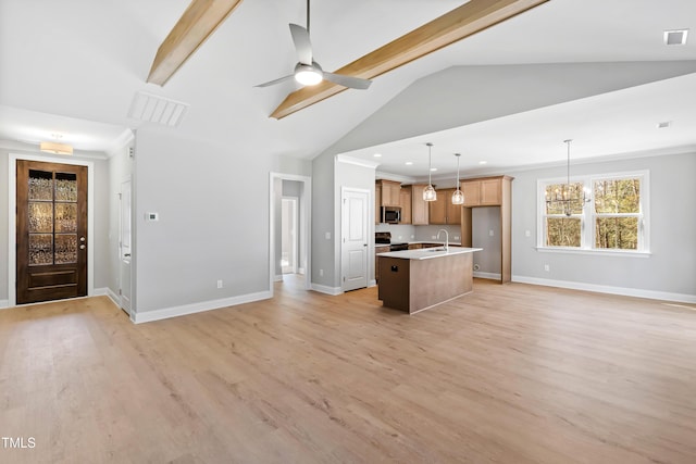 kitchen featuring a center island with sink, range with electric stovetop, light hardwood / wood-style floors, pendant lighting, and ceiling fan with notable chandelier