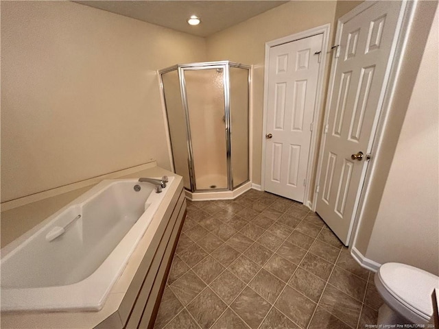 bathroom with independent shower and bath, tile patterned floors, and toilet