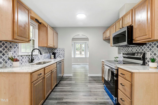 kitchen with wood-type flooring, stainless steel appliances, and sink