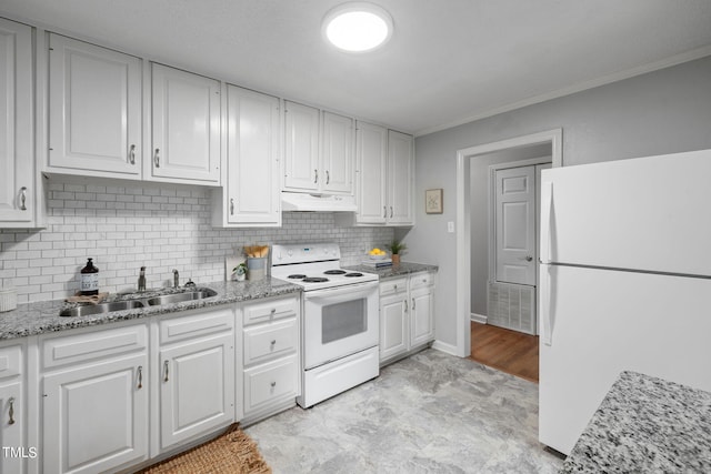 kitchen featuring white cabinets, sink, white appliances, tasteful backsplash, and light stone countertops