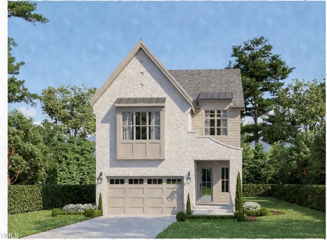 view of front facade with a garage and a front lawn