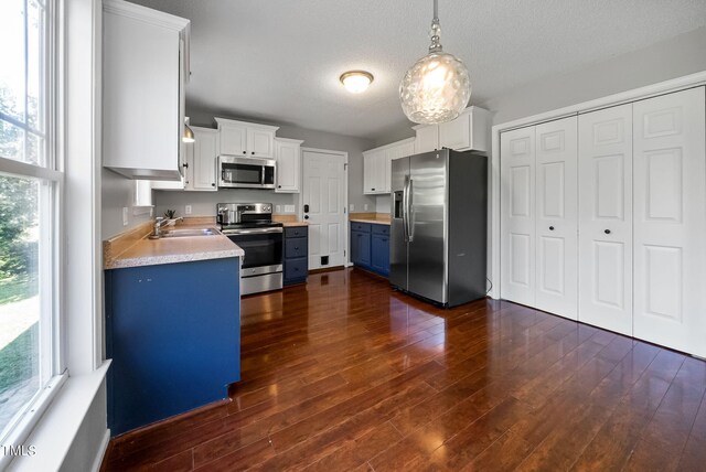 kitchen with white cabinetry, dark hardwood / wood-style floors, appliances with stainless steel finishes, and hanging light fixtures