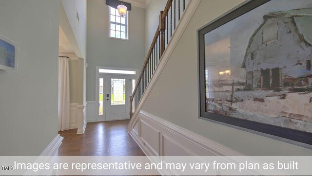 entryway with ornamental molding, a towering ceiling, and dark wood-type flooring