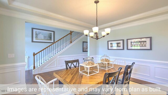 dining space with a notable chandelier, dark wood-type flooring, and crown molding