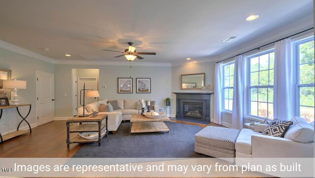 living room with ornamental molding, ceiling fan, and dark hardwood / wood-style floors