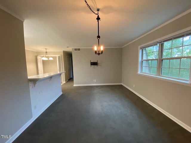 unfurnished living room featuring a notable chandelier, dark carpet, and crown molding