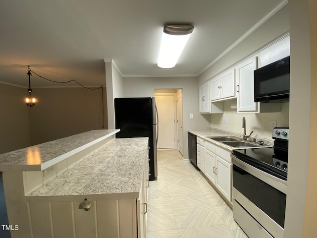 kitchen with black appliances, decorative light fixtures, crown molding, and white cabinets