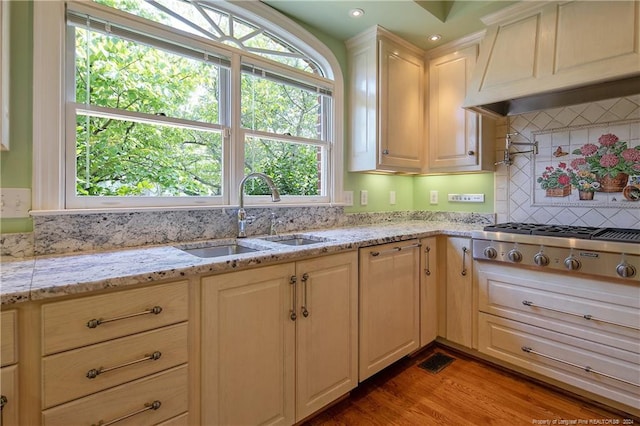 kitchen with sink, wood-type flooring, stainless steel gas stovetop, light stone countertops, and decorative backsplash