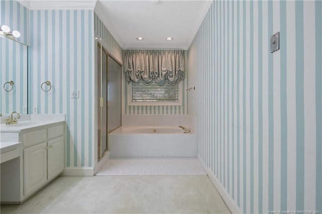 bathroom featuring crown molding, vanity, and plus walk in shower