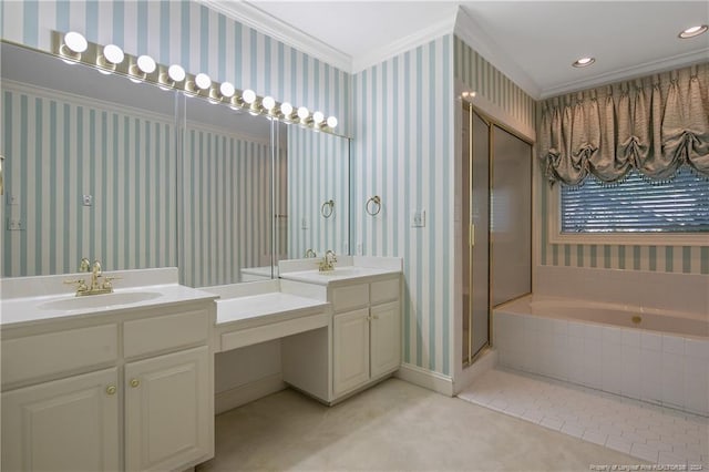 bathroom featuring independent shower and bath, crown molding, and vanity