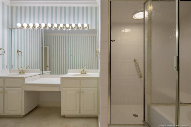 bathroom featuring walk in shower and vanity