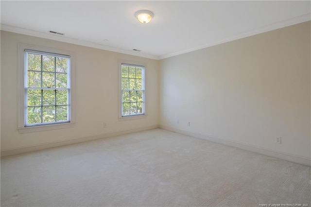 spare room featuring light colored carpet and crown molding