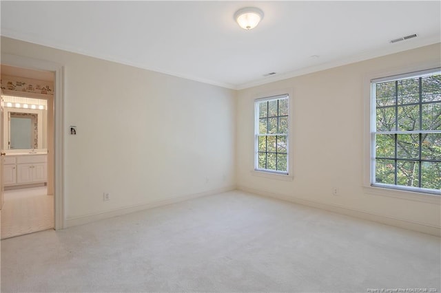 unfurnished room with crown molding and light colored carpet