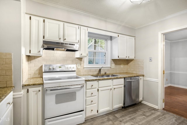 kitchen with light hardwood / wood-style floors, white cabinetry, white electric range oven, stainless steel dishwasher, and sink