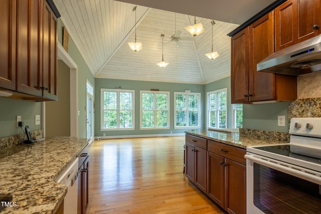 kitchen with light stone counters, exhaust hood, pendant lighting, light hardwood / wood-style flooring, and electric range