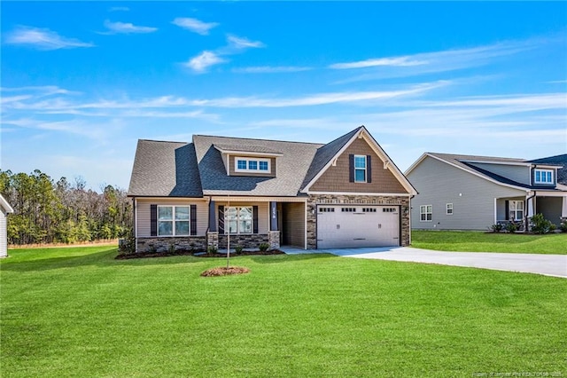 craftsman-style home featuring driveway, a garage, stone siding, roof with shingles, and a front lawn