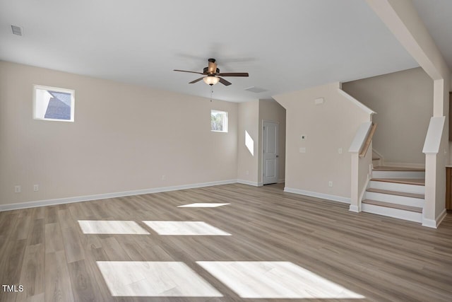 unfurnished living room with light wood-type flooring and ceiling fan