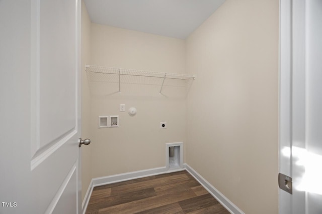 laundry area with washer hookup, hookup for a gas dryer, hookup for an electric dryer, and dark wood-type flooring