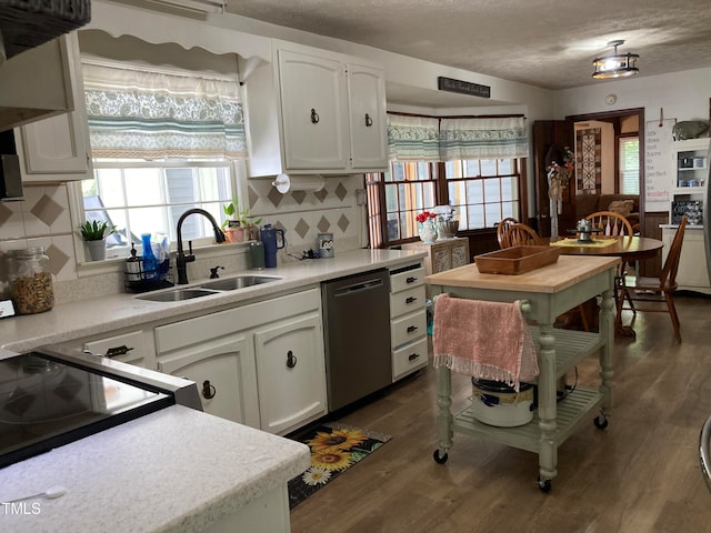 kitchen with white cabinets, sink, tasteful backsplash, and stainless steel dishwasher