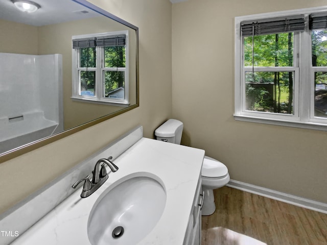 bathroom with vanity, toilet, hardwood / wood-style flooring, and a wealth of natural light