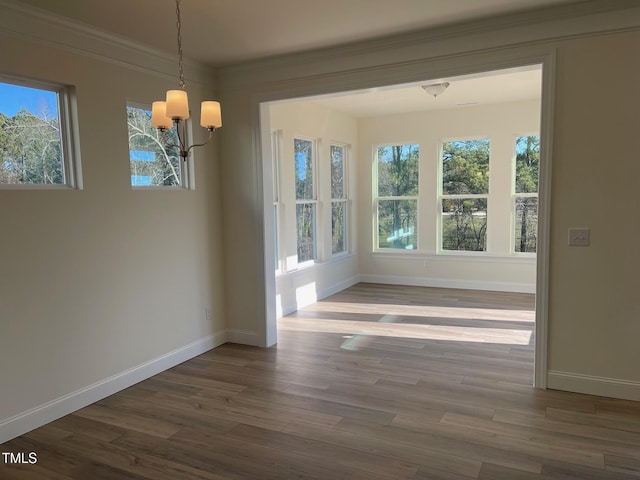 unfurnished dining area with an inviting chandelier and hardwood / wood-style flooring