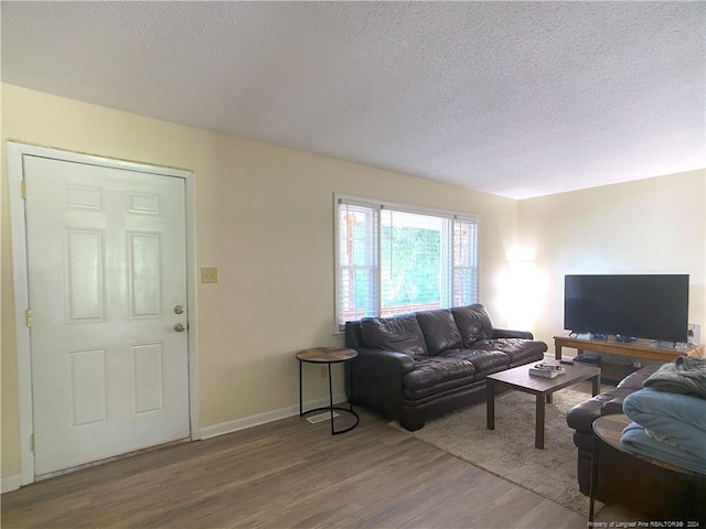 living room featuring a textured ceiling and hardwood / wood-style floors