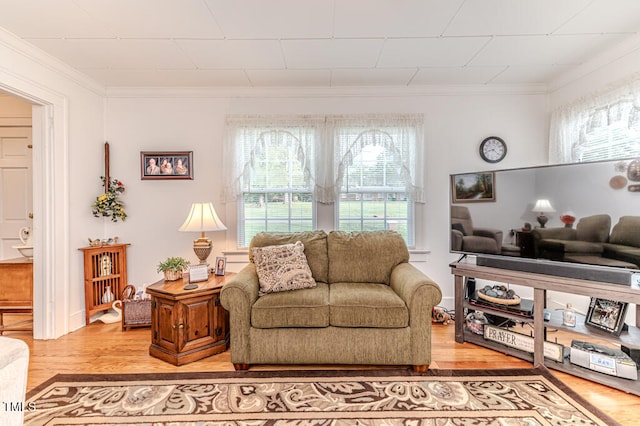 living room with crown molding, hardwood / wood-style flooring, and a healthy amount of sunlight