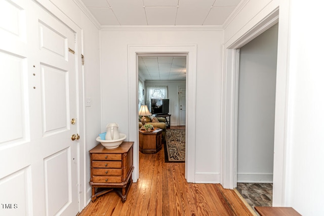 hallway featuring ornamental molding and hardwood / wood-style floors