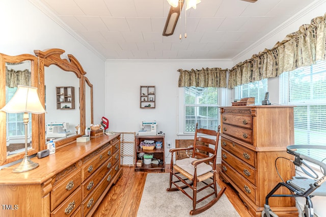 living area featuring ceiling fan, light hardwood / wood-style flooring, crown molding, and a wealth of natural light