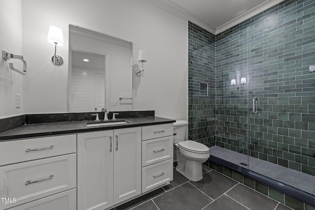 bathroom with walk in shower, vanity, toilet, tile patterned floors, and crown molding