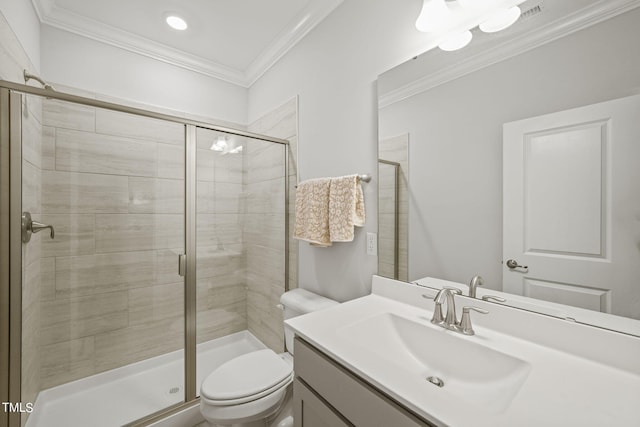 bathroom with vanity, walk in shower, crown molding, and toilet