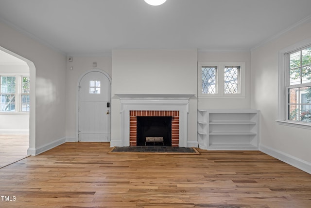 unfurnished living room featuring ornamental molding, light hardwood / wood-style floors, and a fireplace