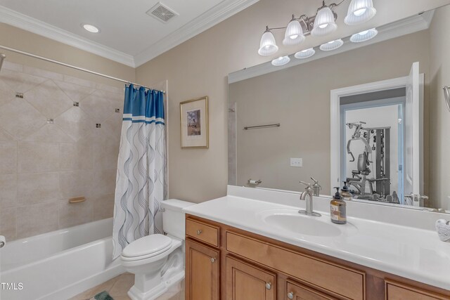 bathroom featuring shower / bath combo with shower curtain, ornamental molding, toilet, vanity, and visible vents