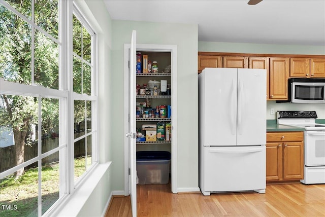 kitchen featuring light hardwood / wood-style floors and white appliances