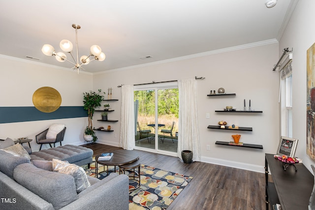 living room with ornamental molding, a notable chandelier, and dark hardwood / wood-style flooring