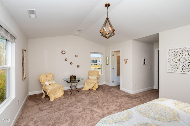 bedroom with a notable chandelier, lofted ceiling, carpet, and multiple windows