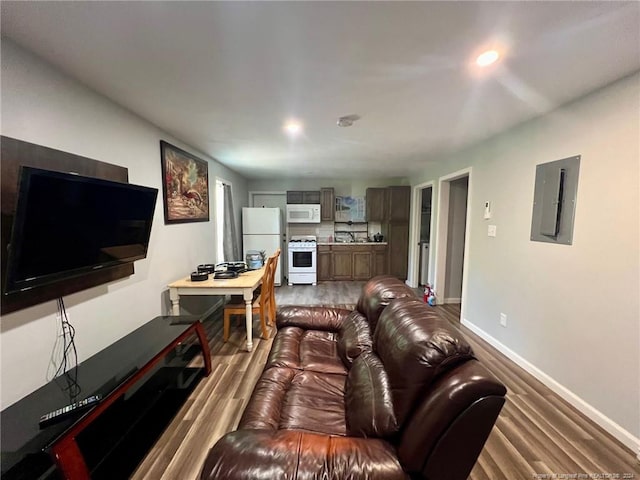 living room featuring electric panel and hardwood / wood-style flooring