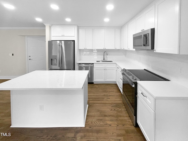 kitchen with dark wood-type flooring, white cabinets, backsplash, stainless steel appliances, and sink