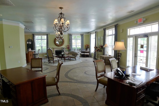 interior space with an inviting chandelier and ornamental molding